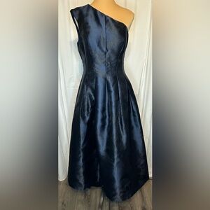 Kay Unger Floral Jacquard One Shoulder Midnight Blue Dress